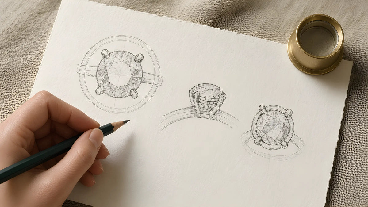 Engagement ring sketches under review at the design table