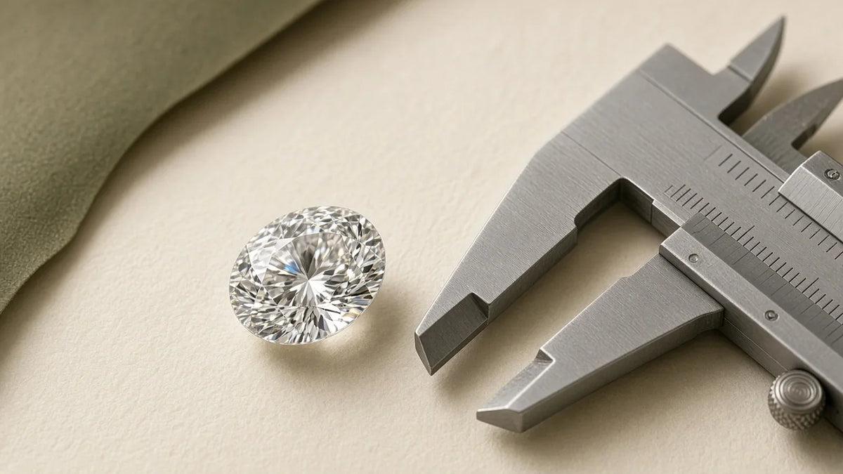 Loose oval lab-grown diamond beside a millimetre caliper for measuring face-up size