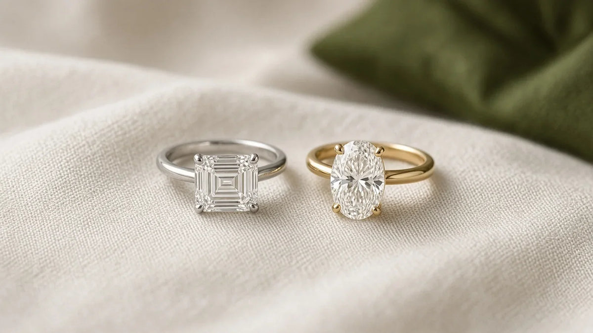 Emerald-cut platinum solitaire beside an oval yellow gold solitaire engagement ring