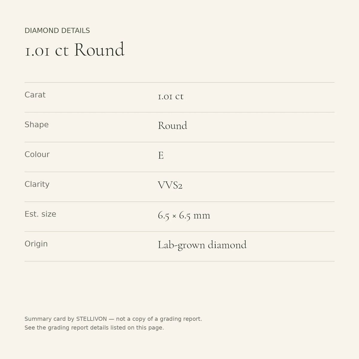 1.01 ct round lab-grown diamond, E colour, VVS2 clarity, Ideal cut, details card