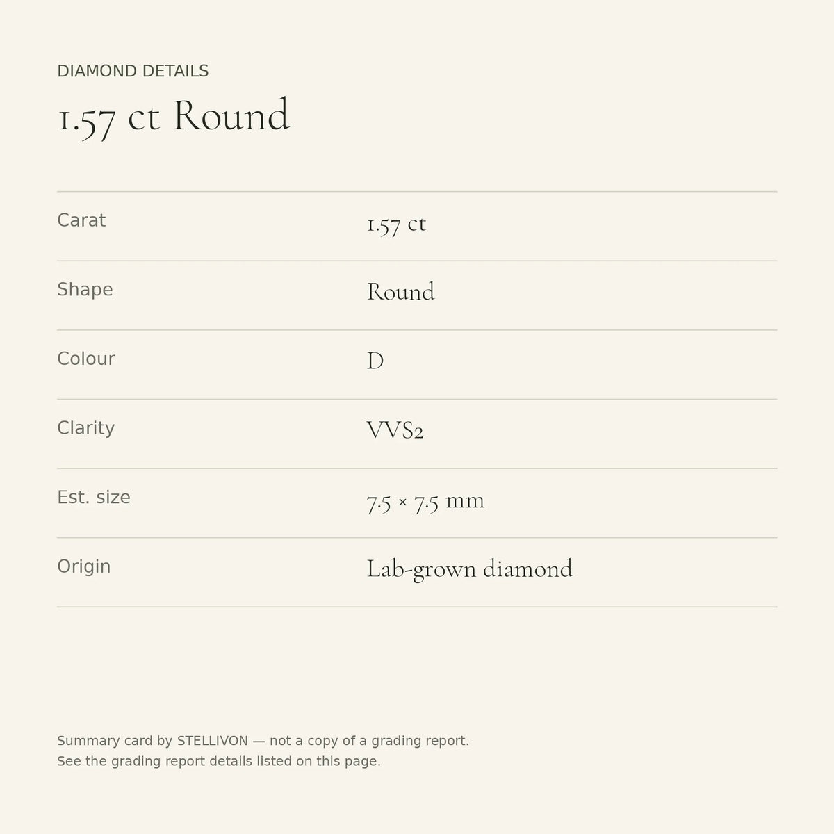 1.57 ct round lab-grown diamond, D colour, VVS2 clarity, Ideal cut, details card