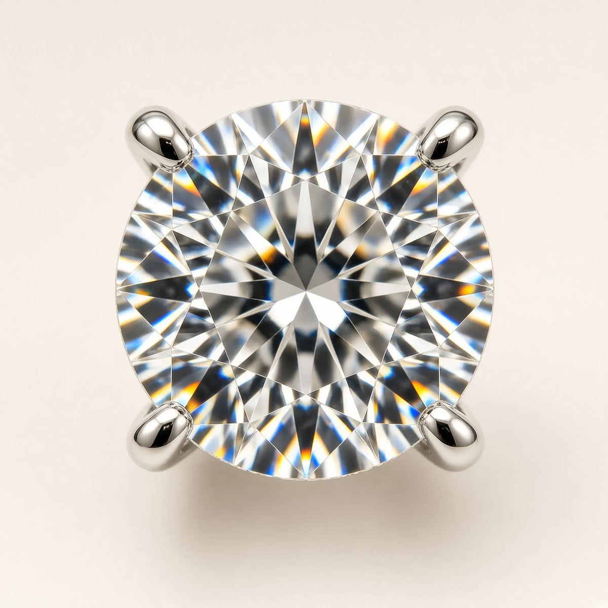 2.02 ct round lab-grown diamond, E colour, VVS1 clarity, Ideal cut, close-up in four 18K white gold prongs