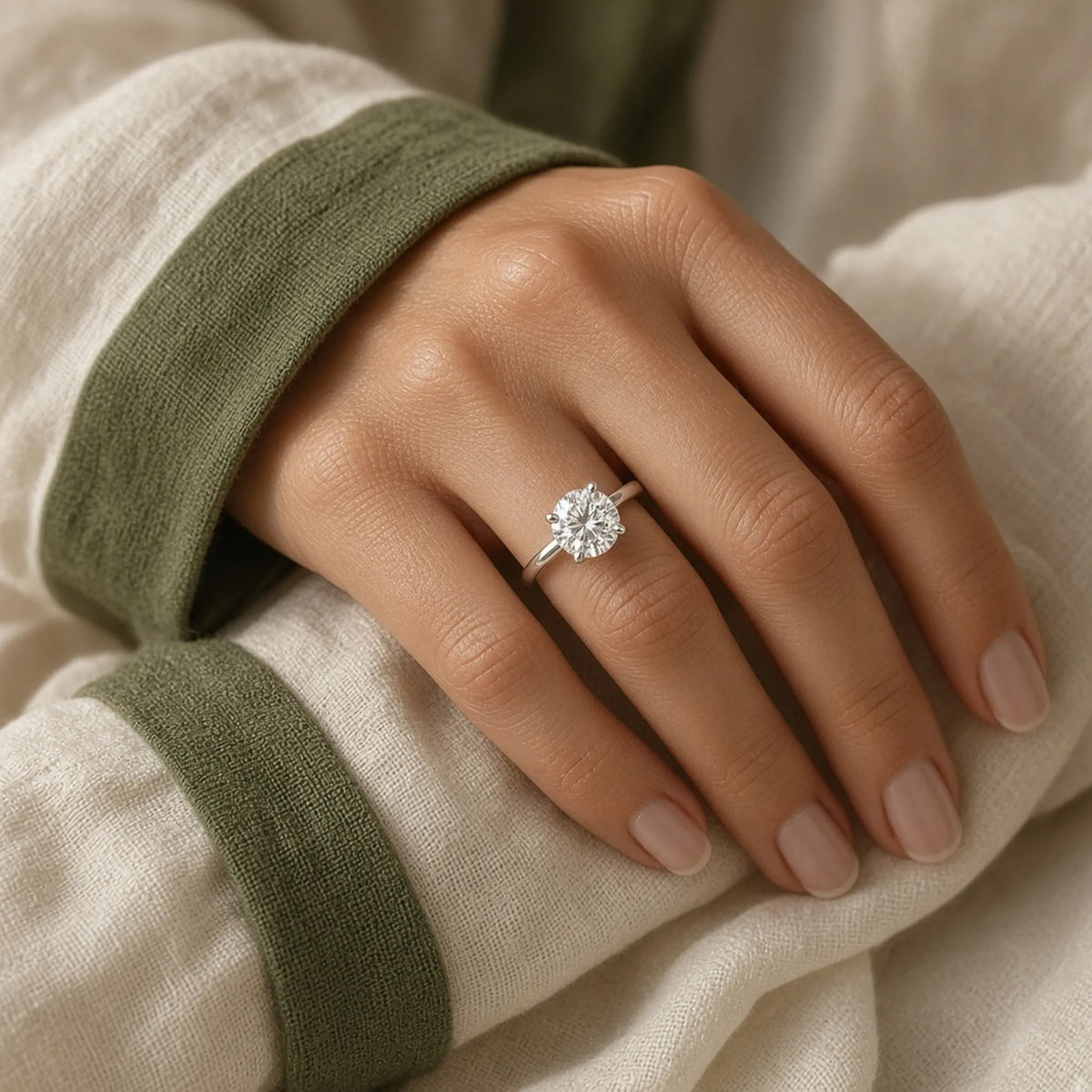2.03 ct round lab-grown diamond, E colour, VVS1 clarity, Ideal cut, worn in an 18K white gold solitaire, lifestyle