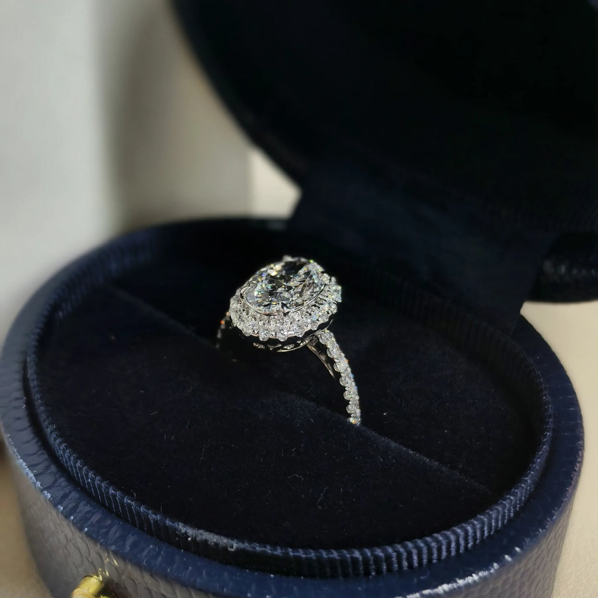 2.07 ct oval lab-grown diamond double halo engagement ring in white gold, real photo 2