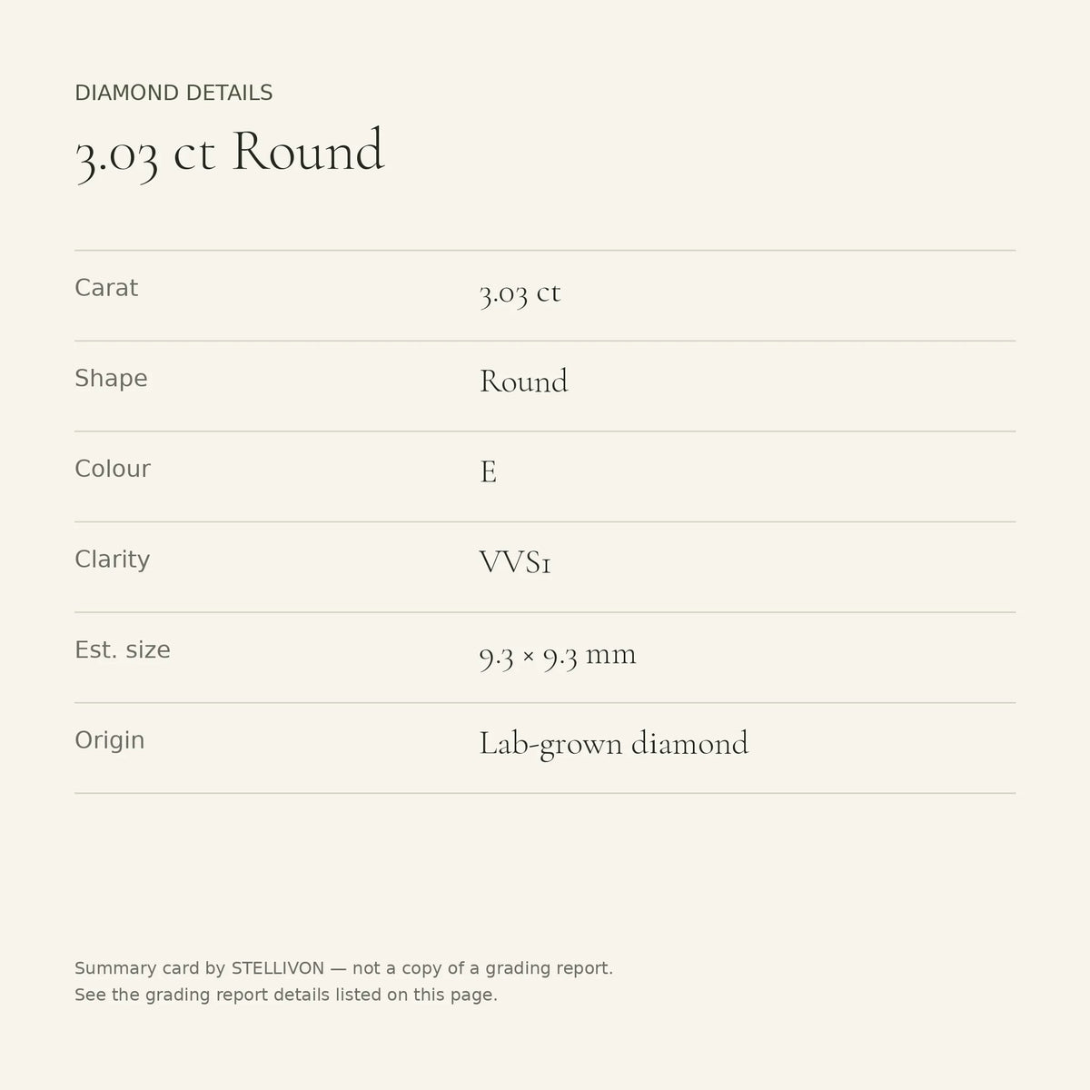 3.03 ct round lab-grown diamond, E colour, VVS1 clarity, Ideal cut, details card
