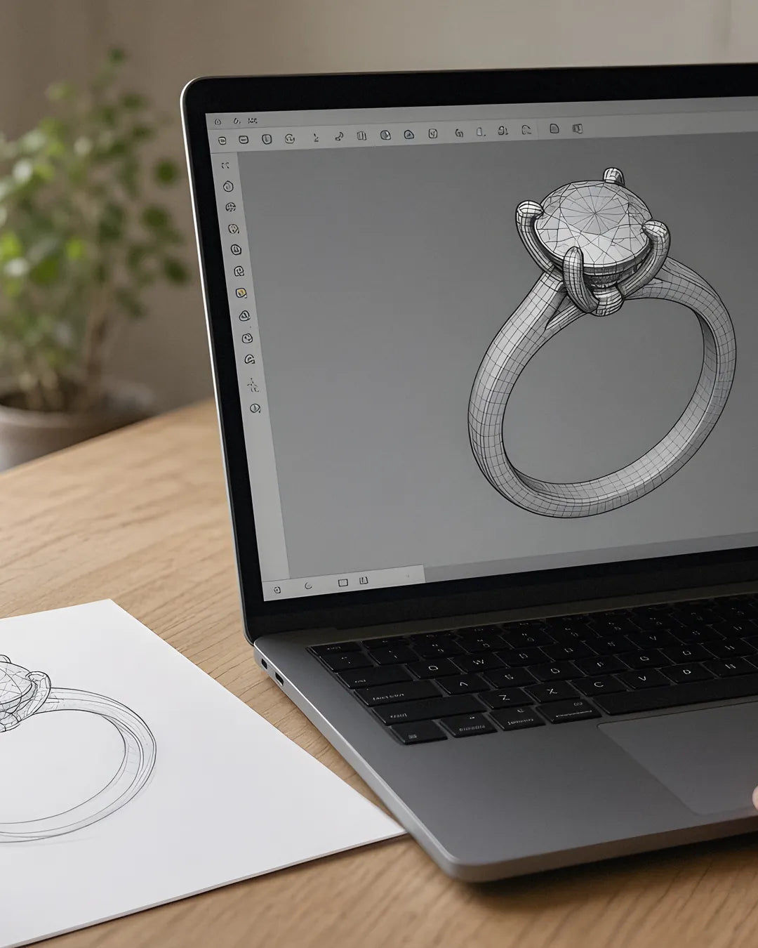 Four-prong engagement ring CAD model on a laptop Four-prong engagement ring CAD model on a laptop