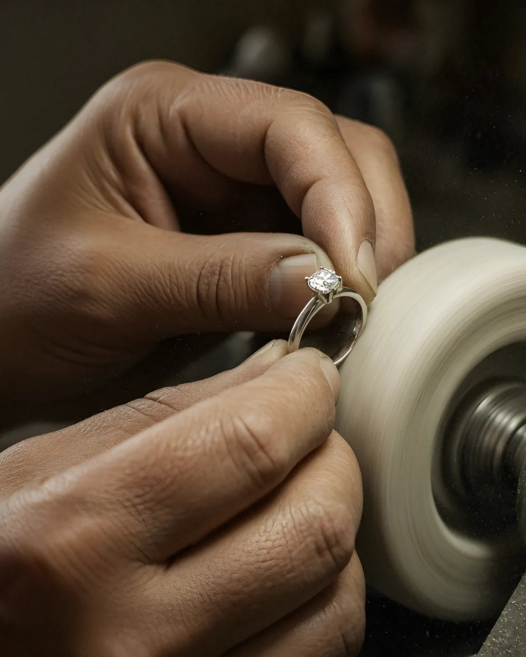 Engagement ring being polished on a polishing wheel Engagement ring being polished on a polishing wheel