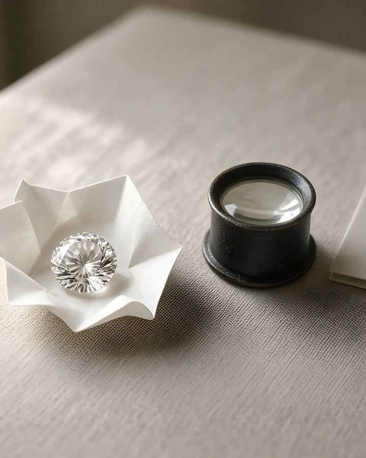 IGI lab-grown diamond grading report beside a jeweller's loupe IGI lab-grown diamond grading report beside a jeweller's loupe