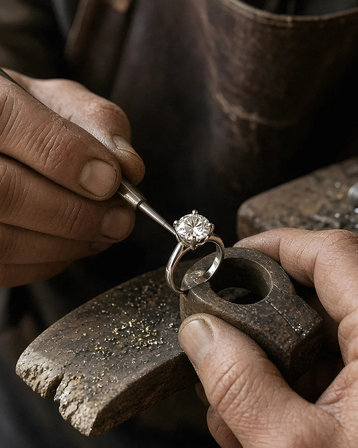Jeweller at the bench setting a four-prong solitaire engagement ring Jeweller at the bench setting a four-prong solitaire engagement ring