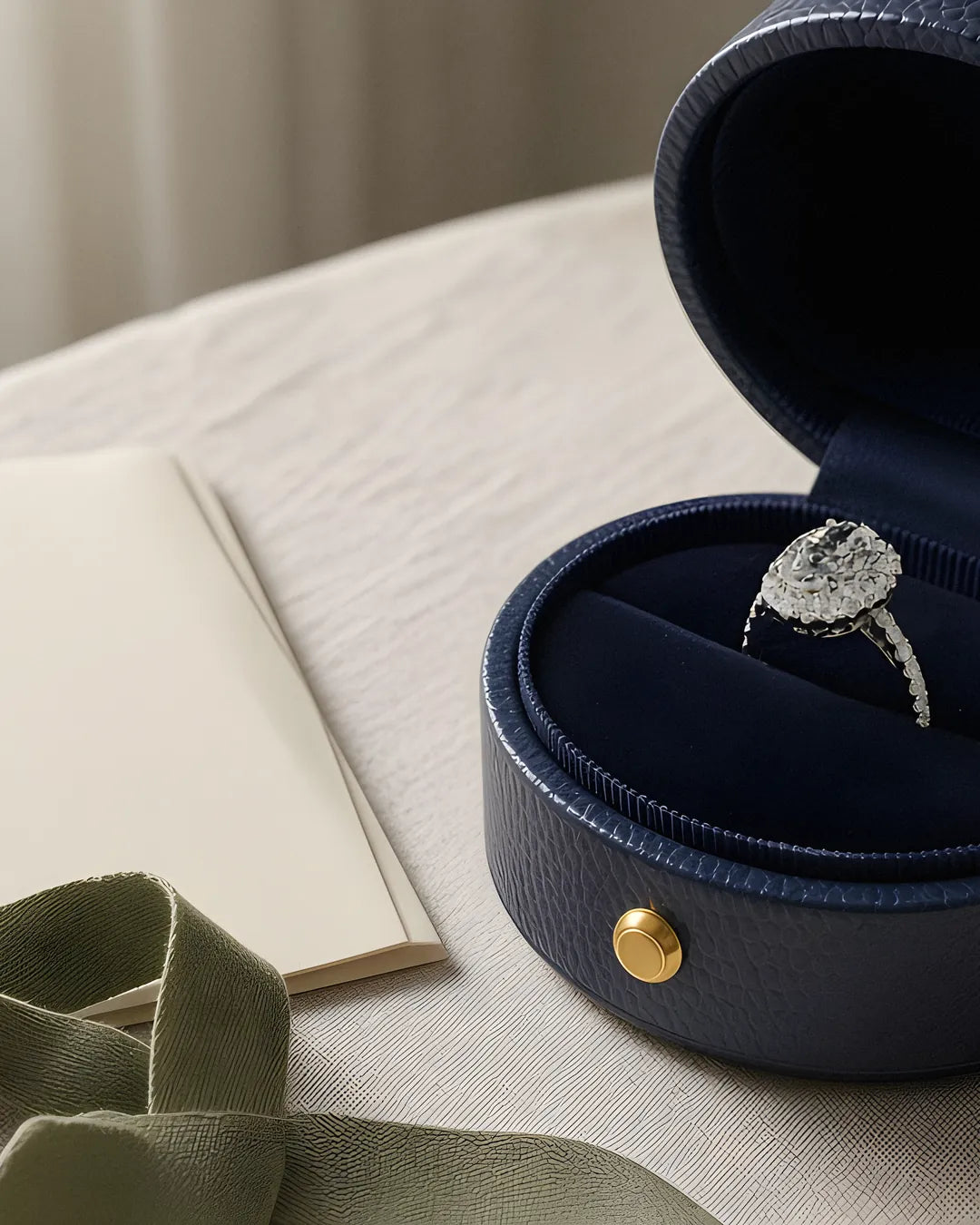 Oval halo engagement ring in the STELLIVON navy ring box Oval halo engagement ring in the STELLIVON navy ring box