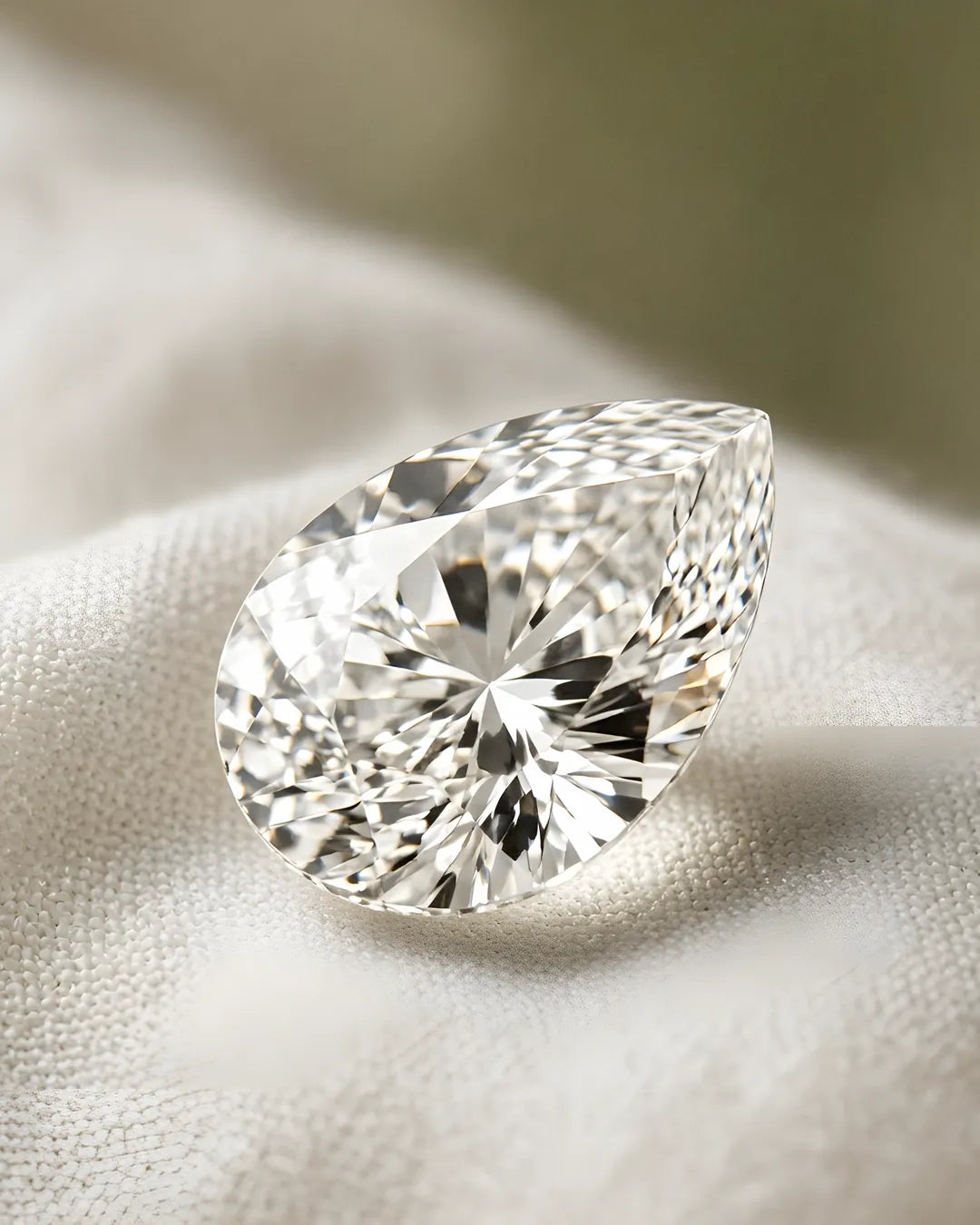 Pear-shaped lab-grown diamond macro on linen Pear-shaped lab-grown diamond macro on linen