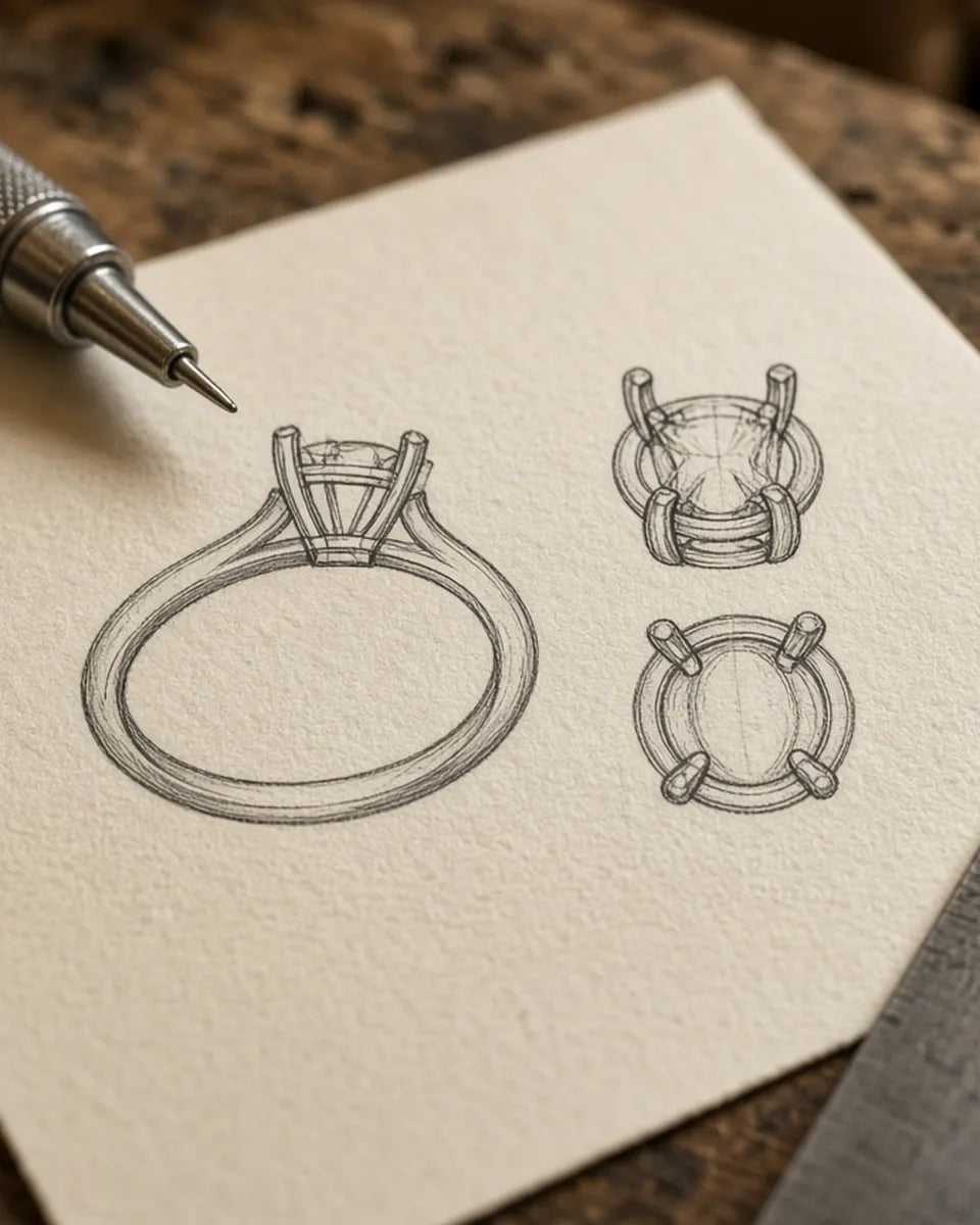 Hand pencil sketch of a white gold solitaire ring band and four-prong setting head – STELLIVON custom ring making Hand pencil sketch of a white gold solitaire ring band and four-prong setting head – STELLIVON custom ring making