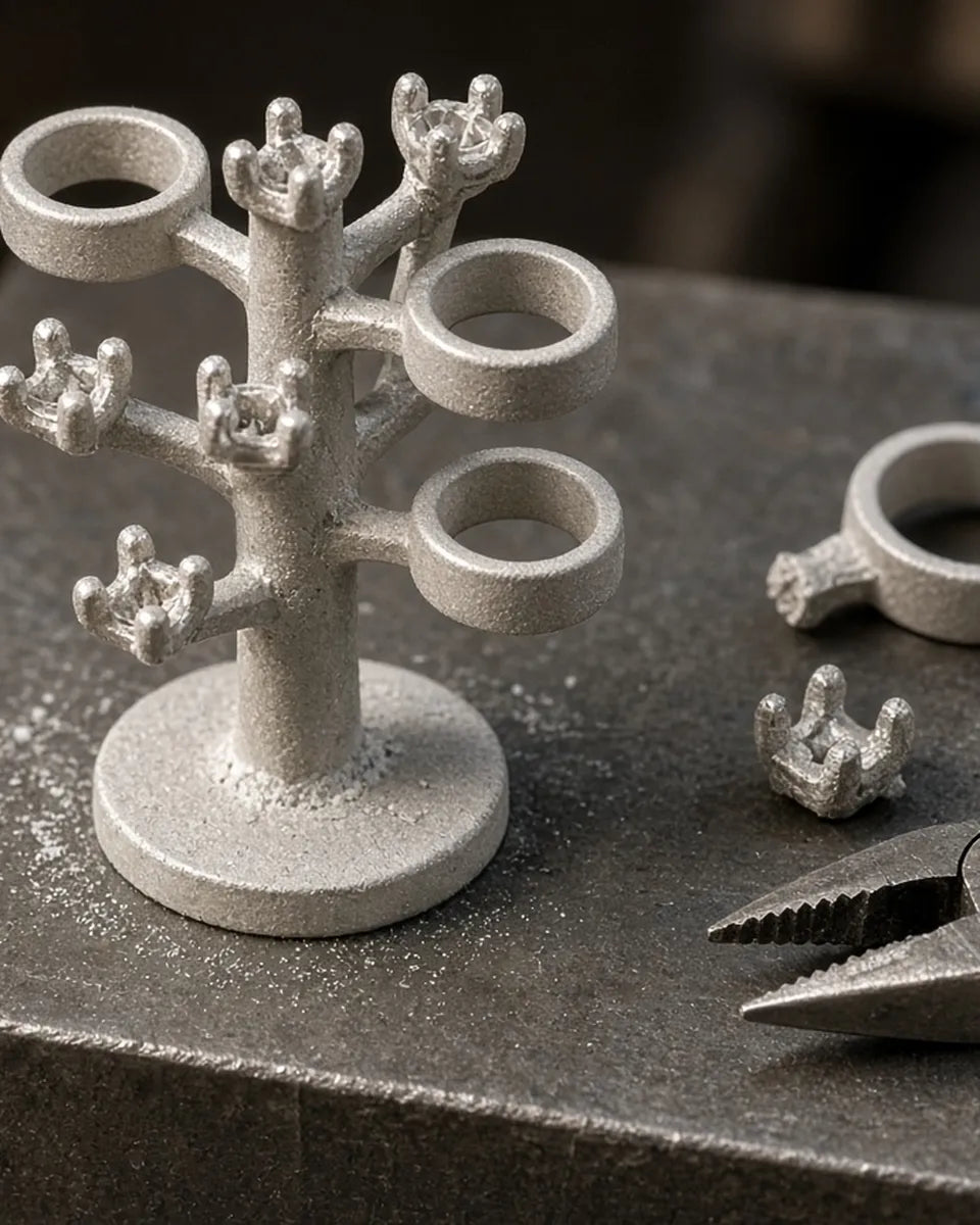 Raw 18K white gold casting tree with cut-off ring bands and prong settings – STELLIVON custom ring making Raw 18K white gold casting tree with cut-off ring bands and prong settings – STELLIVON custom ring making