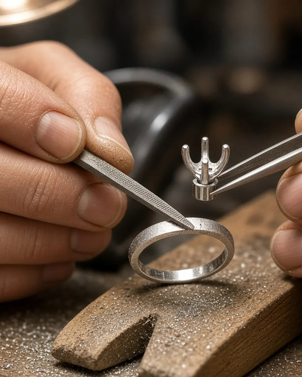 Jeweller filing a white gold ring shank and fitting the four-prong head – STELLIVON custom ring making Jeweller filing a white gold ring shank and fitting the four-prong head – STELLIVON custom ring making