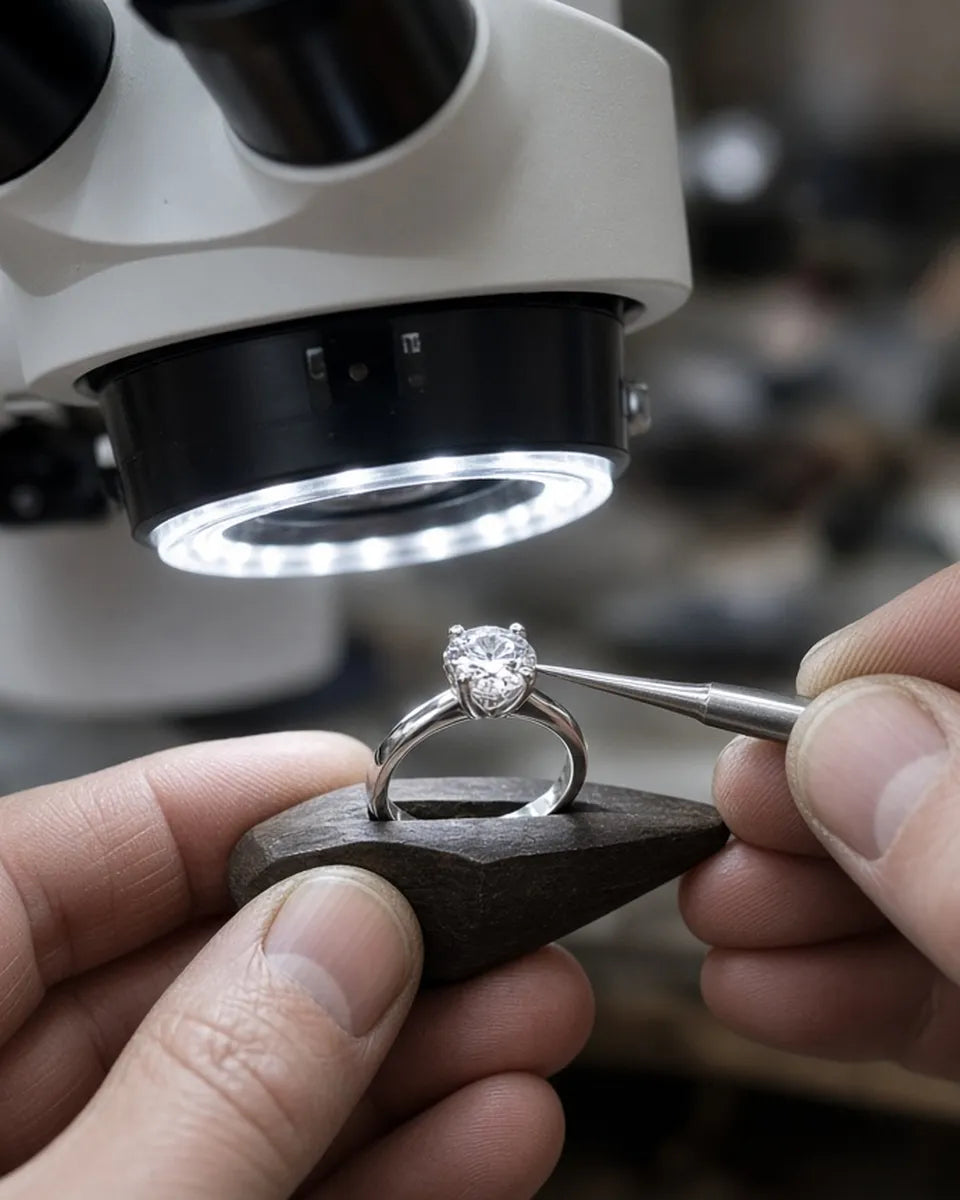 Stone setter setting a lab-grown diamond in white gold prongs under a microscope – STELLIVON custom ring making Stone setter setting a lab-grown diamond in white gold prongs under a microscope – STELLIVON custom ring making