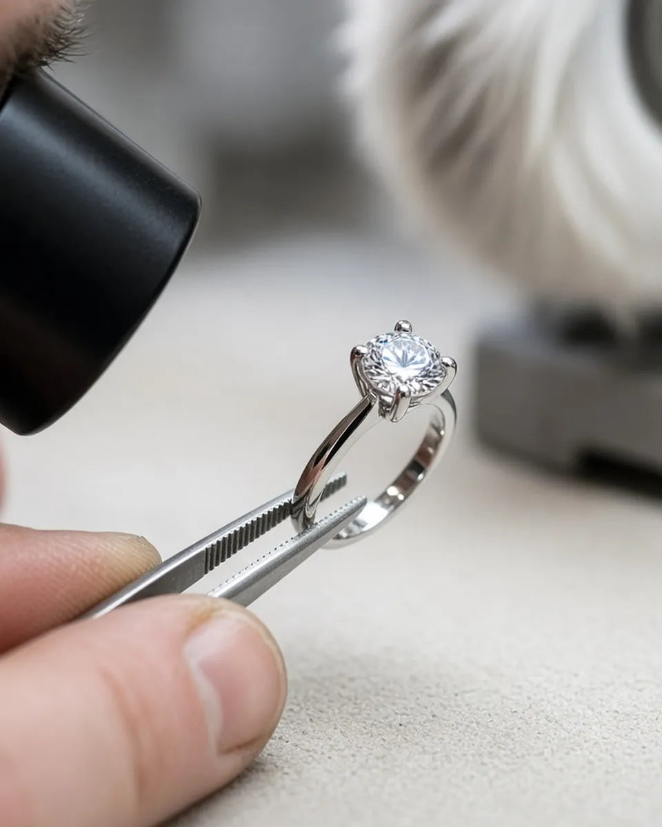 Final loupe inspection of a polished rhodium plated white gold diamond ring – STELLIVON custom ring making Final loupe inspection of a polished rhodium plated white gold diamond ring – STELLIVON custom ring making