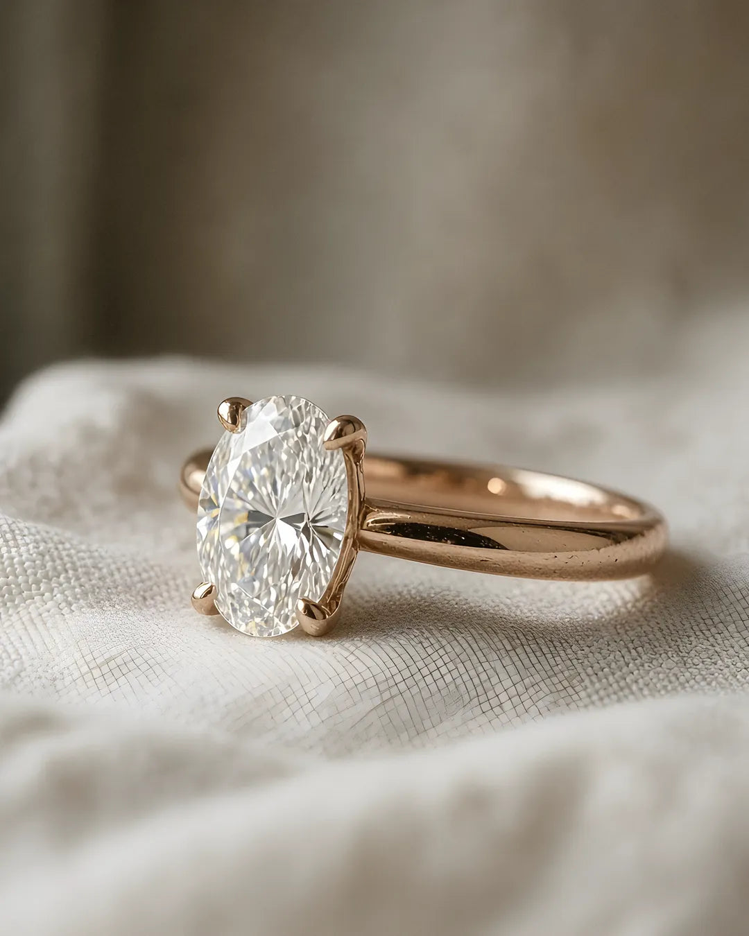 Rose gold oval four-claw solitaire engagement ring macro Rose gold oval four-claw solitaire engagement ring macro