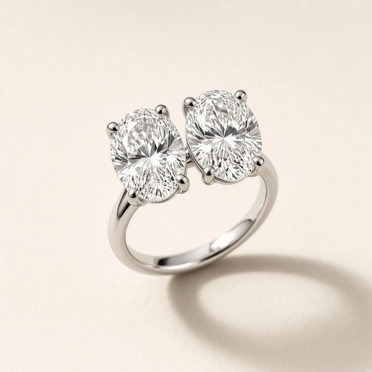 Two-stone toi et moi ring in 18K white gold with two oval lab-grown diamonds, three-quarter view