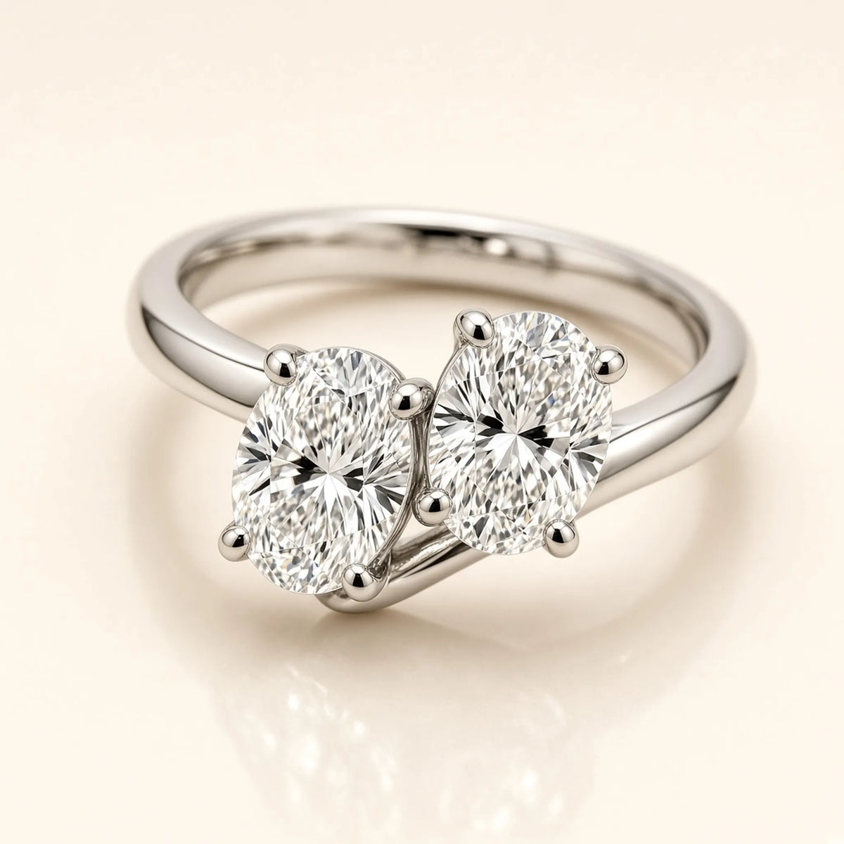 Macro close-up of an 18K white gold toi et moi ring with two oval lab-grown diamonds