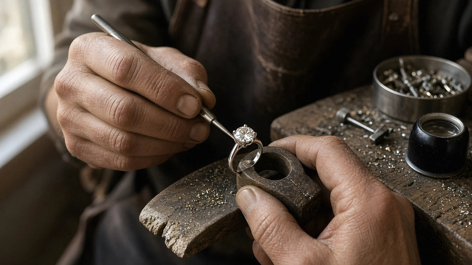 Jeweller setting a four-prong solitaire at the bench