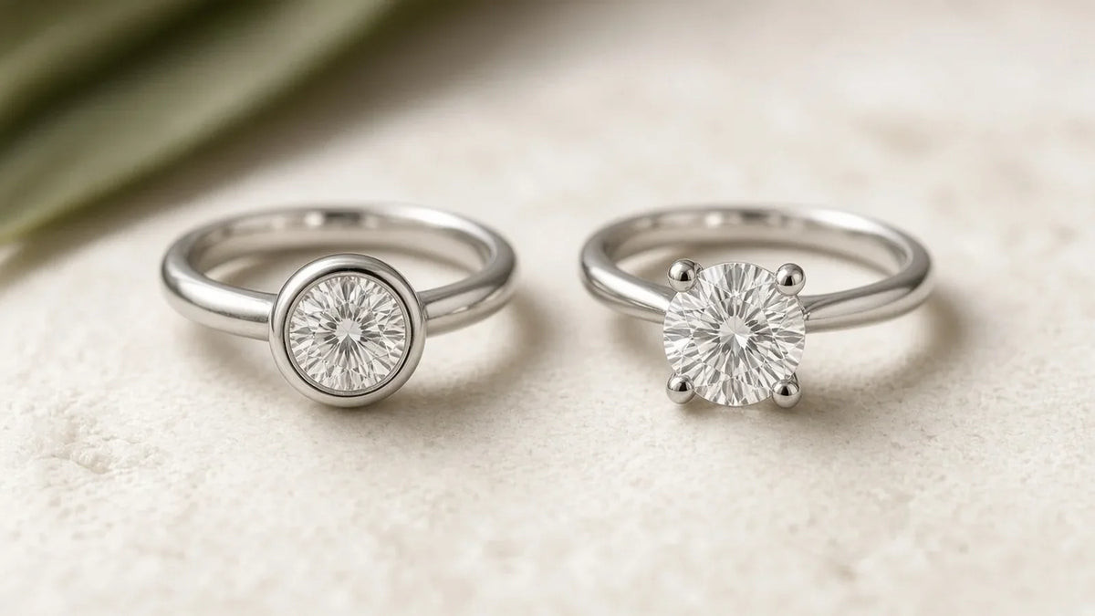 Round lab-grown diamond solitaires in platinum: bezel setting beside a four-prong setting