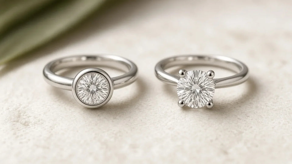 Round lab-grown diamond solitaires in platinum: bezel setting beside a four-prong setting