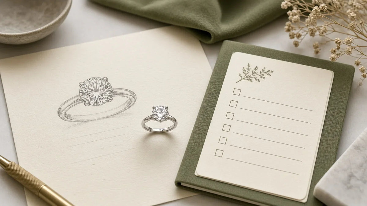 Custom engagement ring sketch, white gold round solitaire and a quote checklist notebook