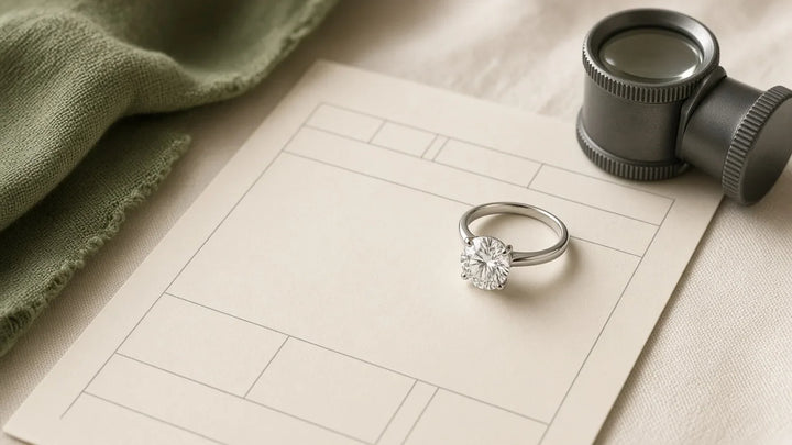 Round lab-grown diamond solitaire ring resting on a grading report with a jeweller loupe