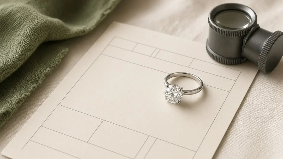 Round lab-grown diamond solitaire ring resting on a grading report with a jeweller loupe