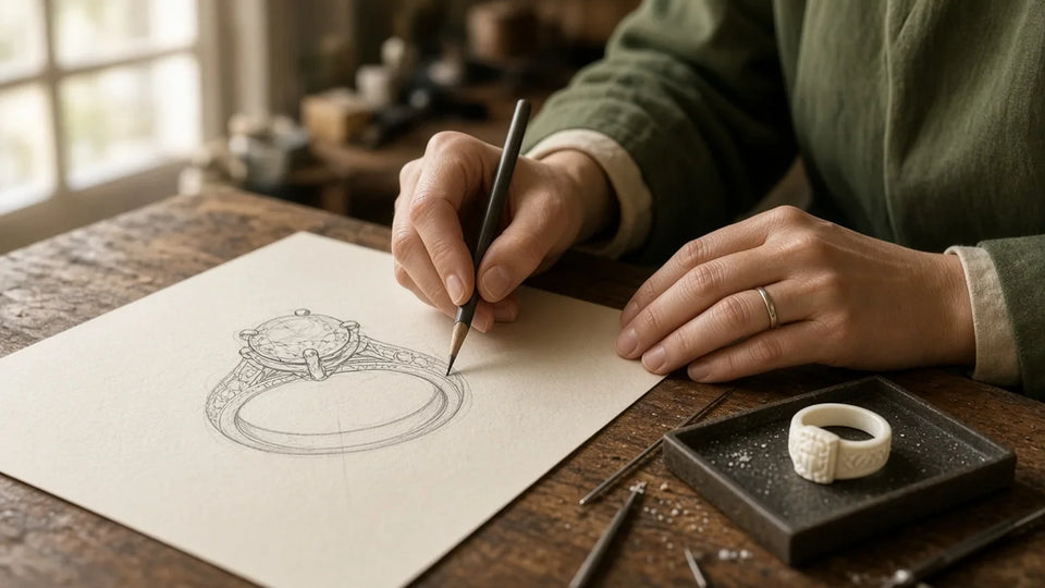 Jeweller sketching an original engagement ring design beside a carved wax model