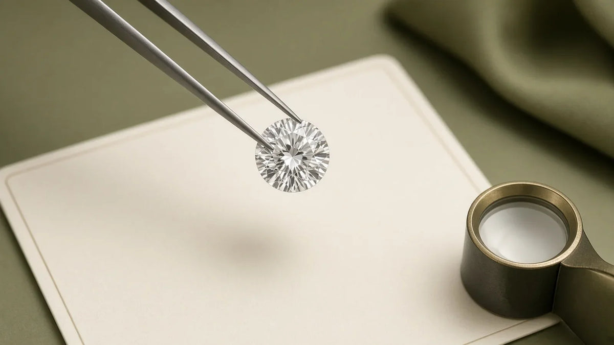 Loose round brilliant lab-grown diamond held in tweezers over a grading card with a loupe