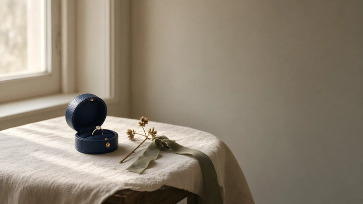 Navy ring box on a linen table in window light