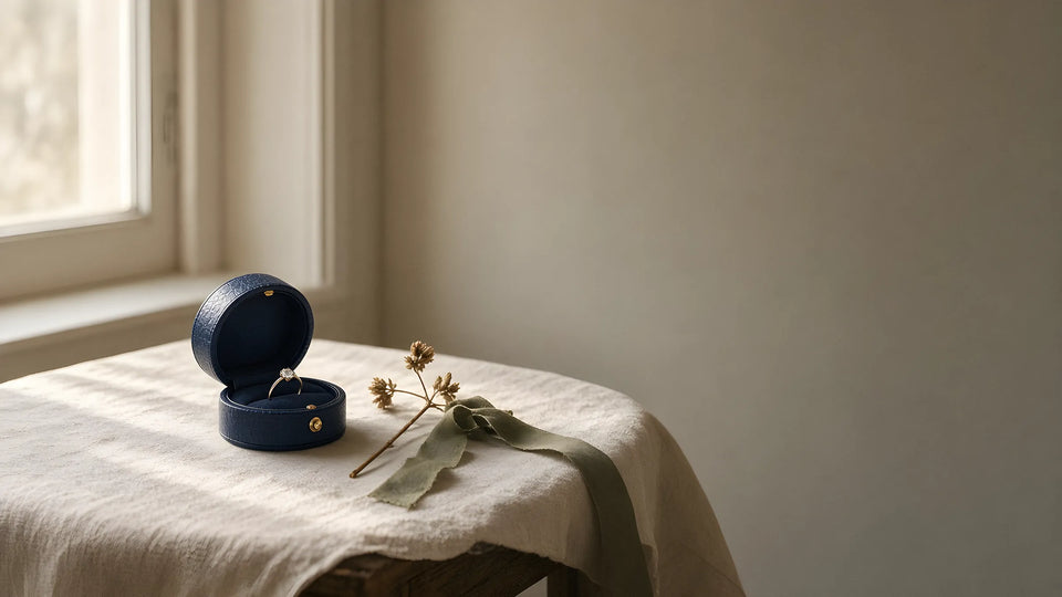 Navy ring box on a linen table in window light