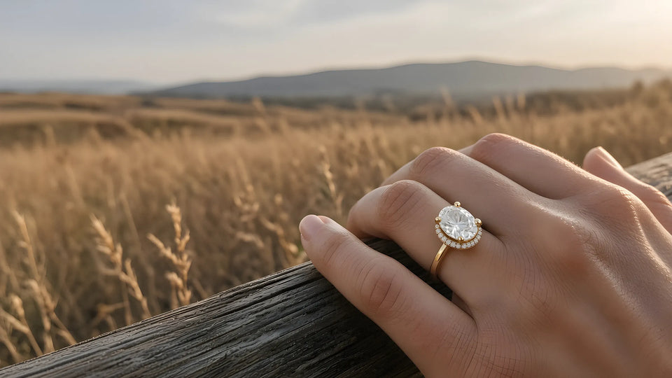 Yellow gold oval hidden-halo engagement ring on the left hand