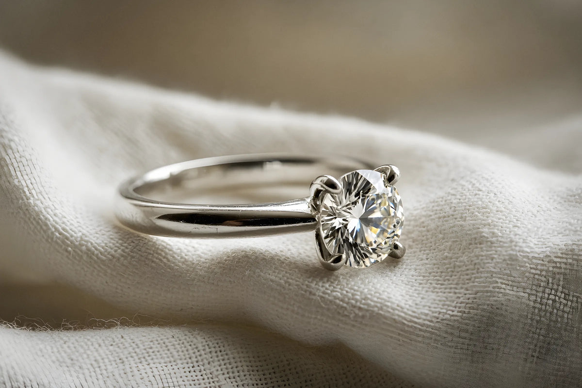 White gold four-claw round solitaire engagement ring macro