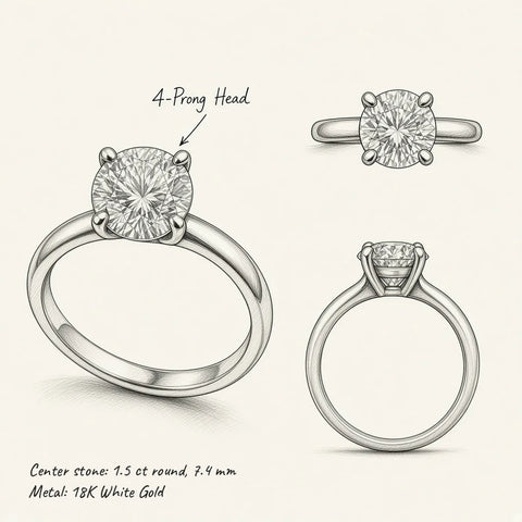 Hand-drawn design sheet of a 1.5 ct round solitaire engagement ring (7.4 mm center stone) in 18K White Gold, perspective, top and side views