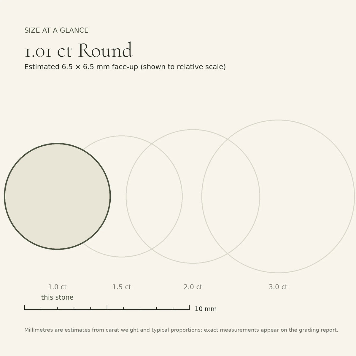 1.01 ct round lab-grown diamond, E colour, VVS2 clarity, Ideal cut, size card, est. 6.5 × 6.5 mm