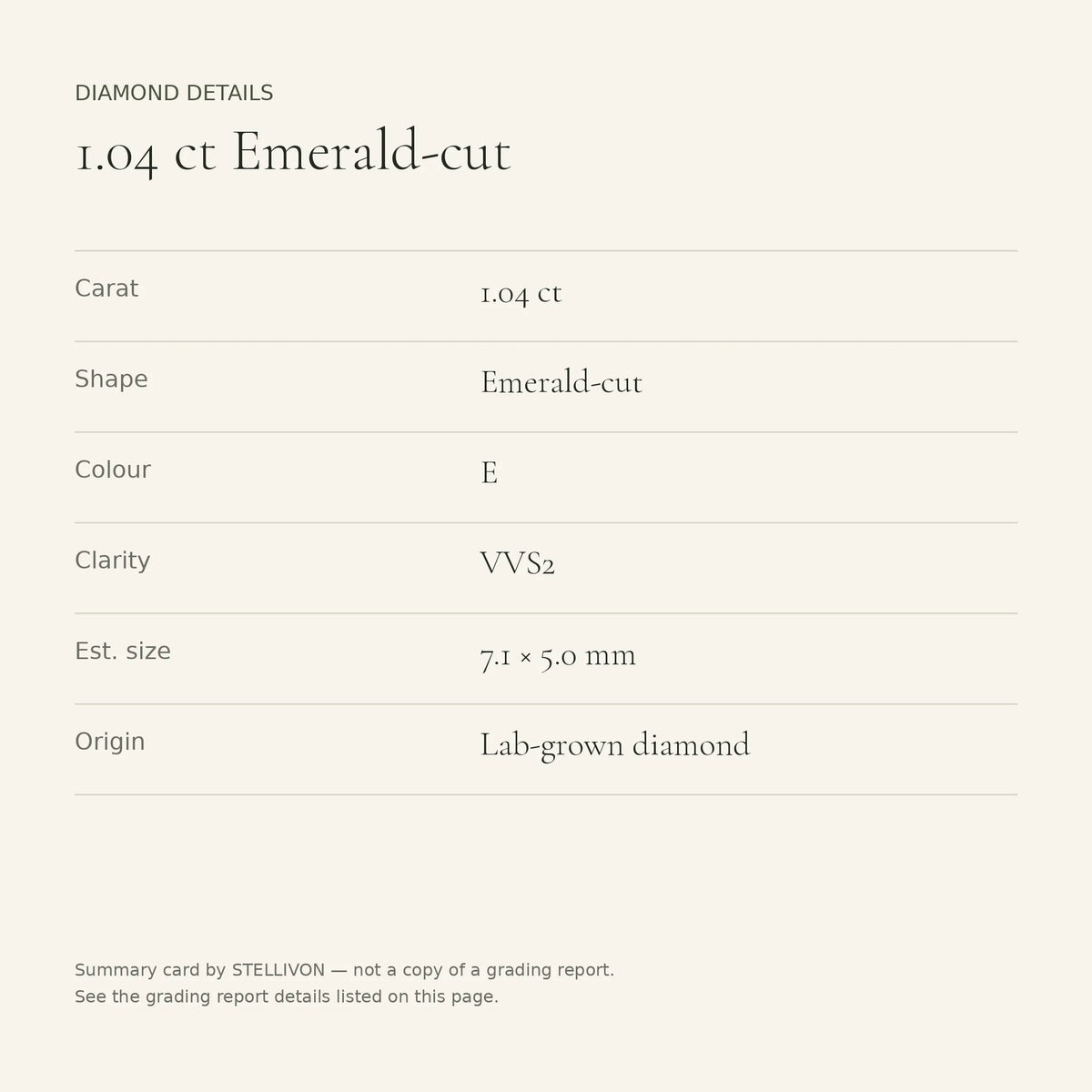 1.04 ct emerald-cut lab-grown diamond, E colour, VVS2 clarity, Excellent polish, details card
