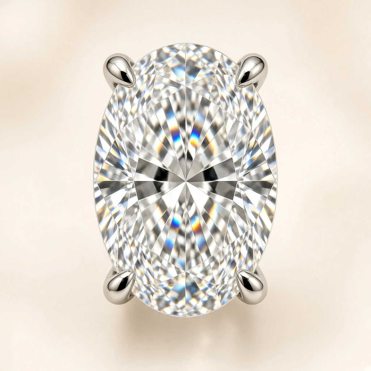 1.05 ct oval lab-grown diamond, D colour, VVS1 clarity, Excellent polish, close-up in four 18K white gold prongs