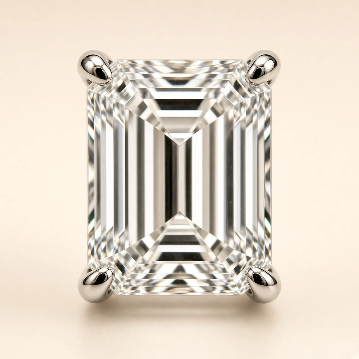 2.02 ct emerald-cut lab-grown diamond, D colour, VVS1 clarity, Excellent polish, close-up in four 18K white gold prongs
