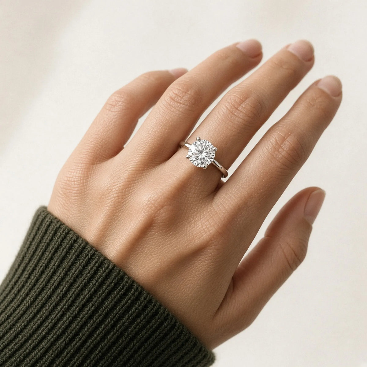 2.02 ct round lab-grown diamond, E colour, VVS1 clarity, Ideal cut, on hand in an 18K white gold solitaire
