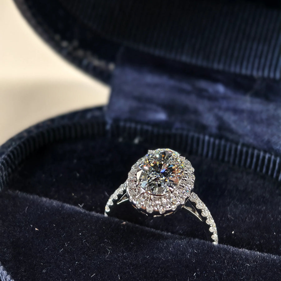 2.07 ct oval lab-grown diamond double halo engagement ring in white gold, real photo 1