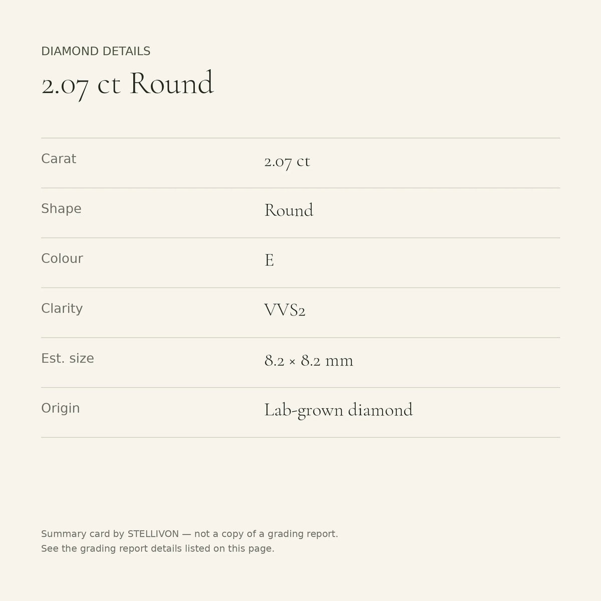 2.07 ct round lab-grown diamond, E colour, VVS2 clarity, Ideal cut, details card