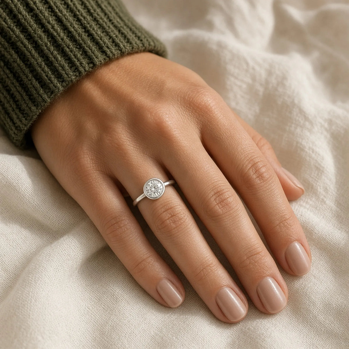 Bezel-set round lab-grown diamond ring in 18K white gold, worn on the left hand