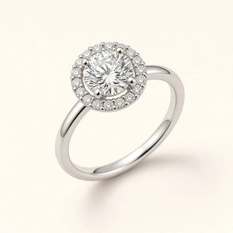 Halo engagement ring setting in 18K white gold with round 1 ct lab-grown diamond – STELLIVON