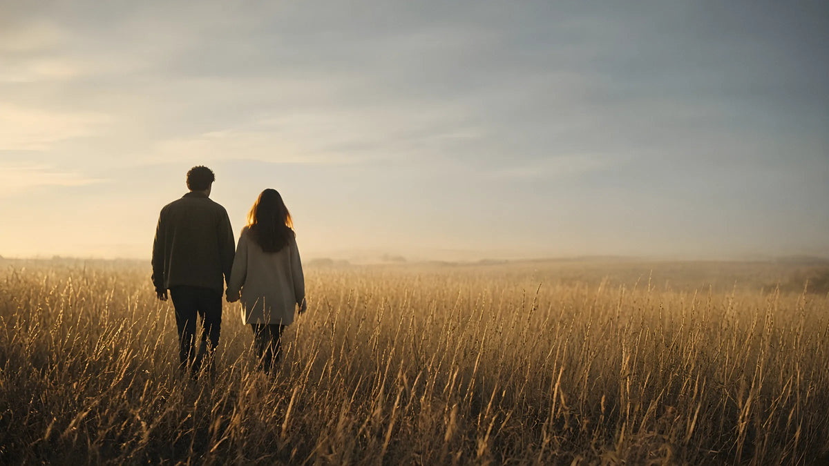 Couple walking through a golden-hour grass field, film look