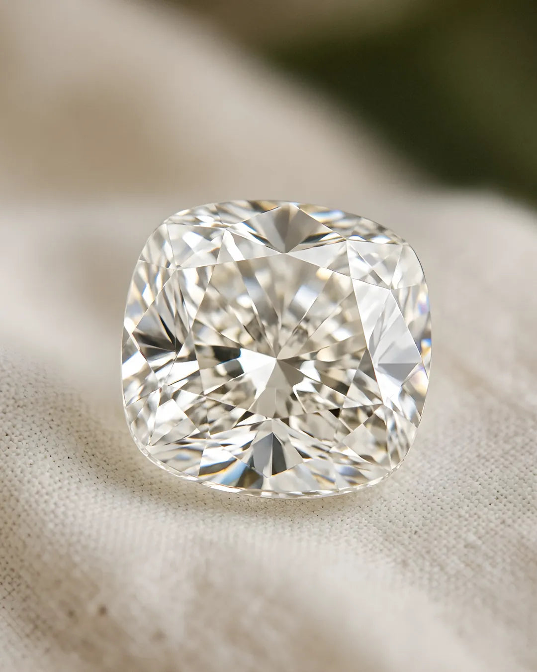 Cushion-cut lab-grown diamond macro on ivory linen