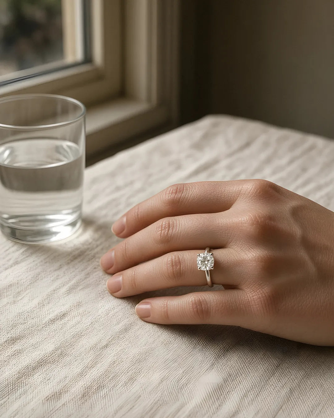 White gold cushion-cut solitaire engagement ring on the left hand by a window