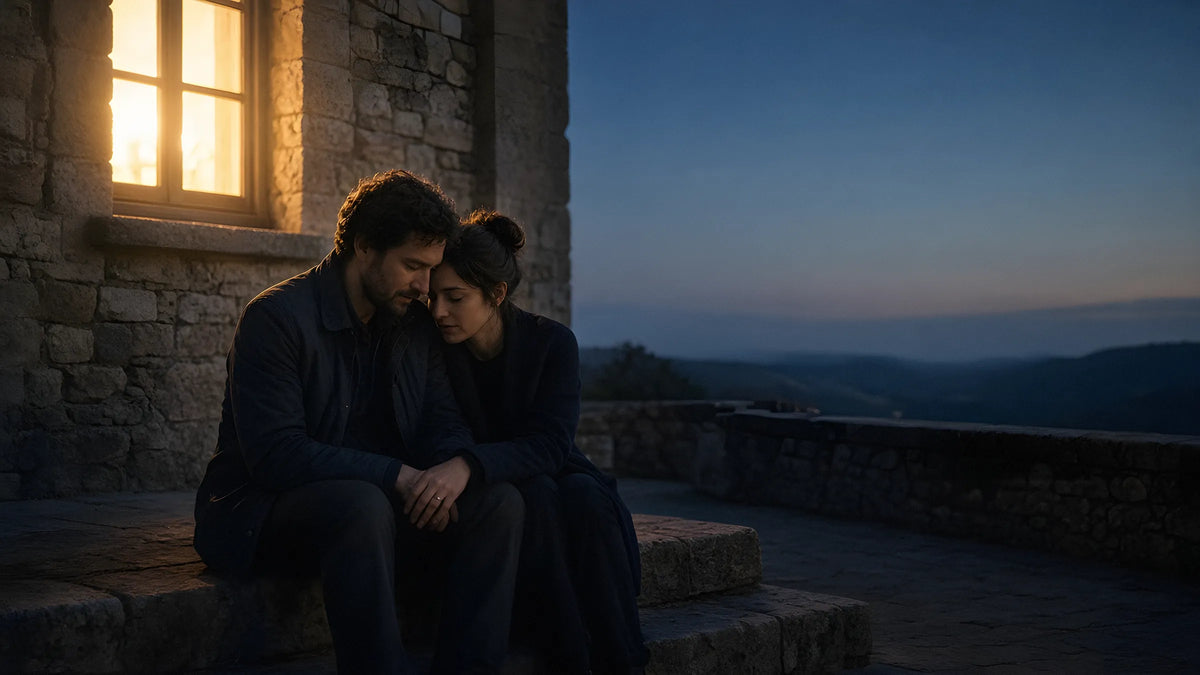 Couple on a stone terrace at dusk, film look