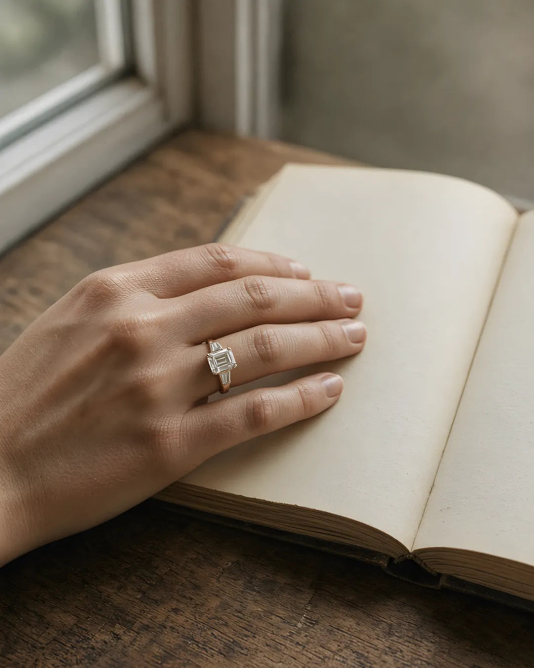 Rose gold emerald-cut three-stone engagement ring on the left hand